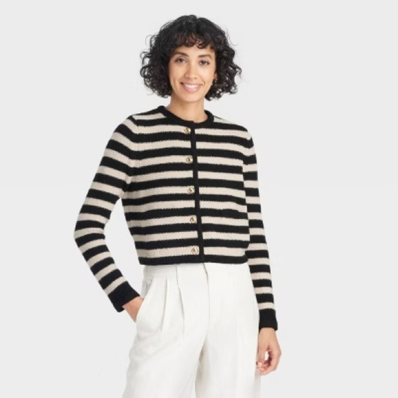 A New Day | Striped Black and Cream Women's Cardigan Sweater - Picture 1 of 7